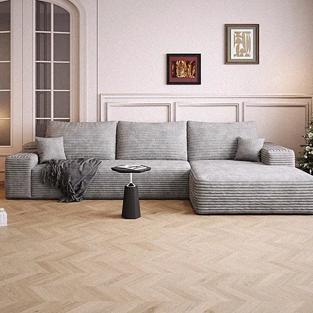 107" L-Shape Modular Cloud Sectional Sofa, Plush Corduroy, Grey, No Assembly