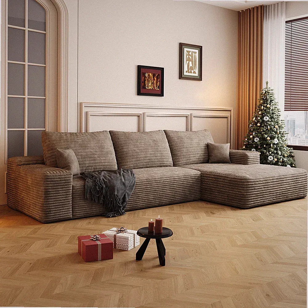 107" L-Shape Sectional Sofa, Plush Corduroy, Modern Modular, Camel, No Assembly