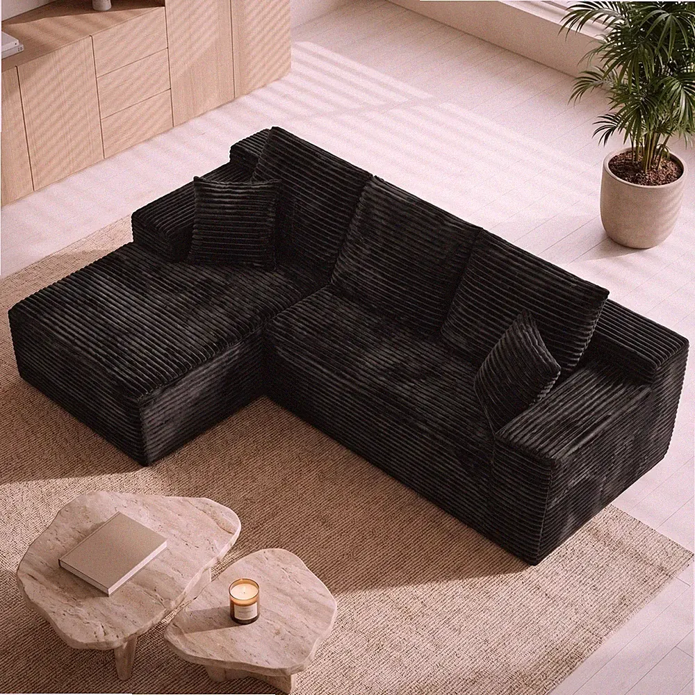 107" L-Shaped Black Corduroy Sectional Sofa with Chaise, Plush Memory Foam