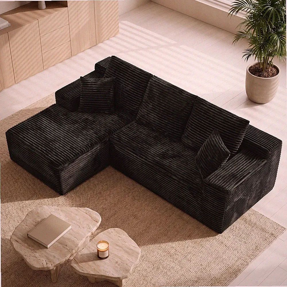 107" L-Shaped Black Modular Sectional Sofa with Left Chaise, Plush Corduroy