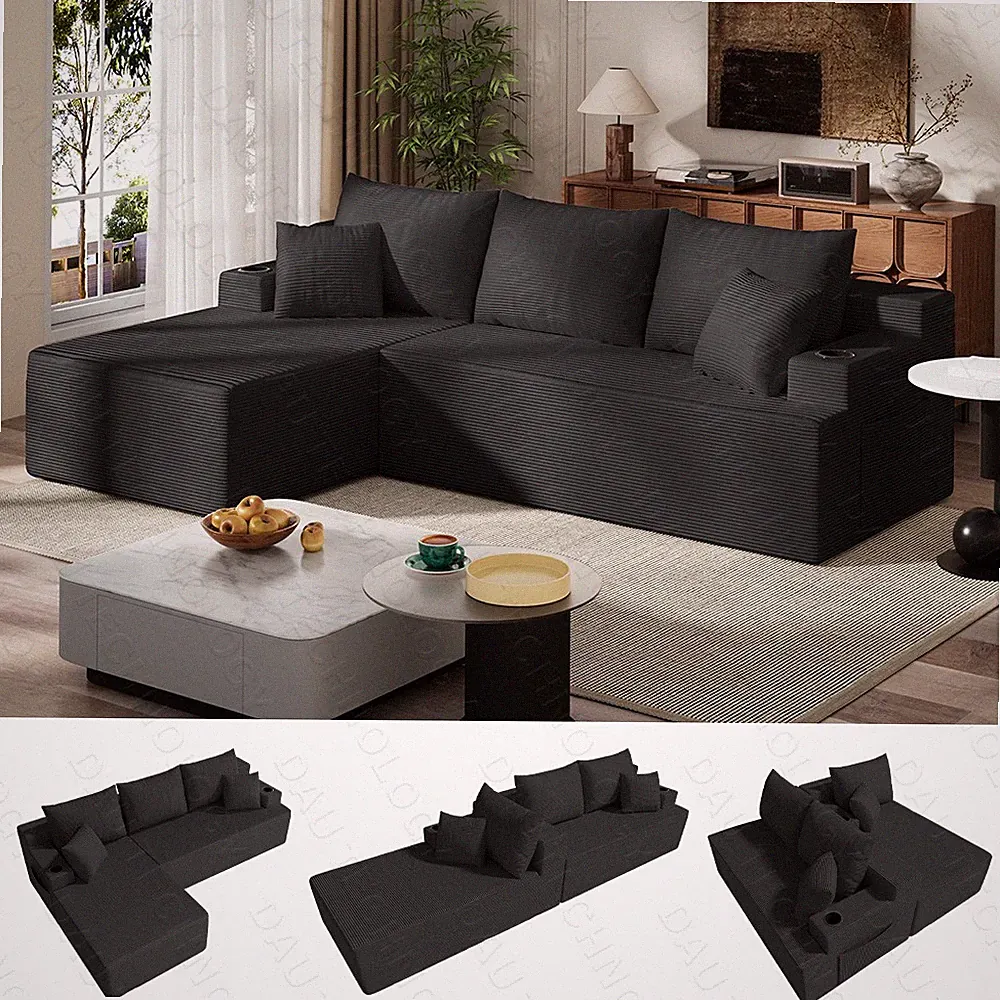 107" L Shaped Corduroy Cloud Couches with Chaise Comfy Sectional Boneless Sofas