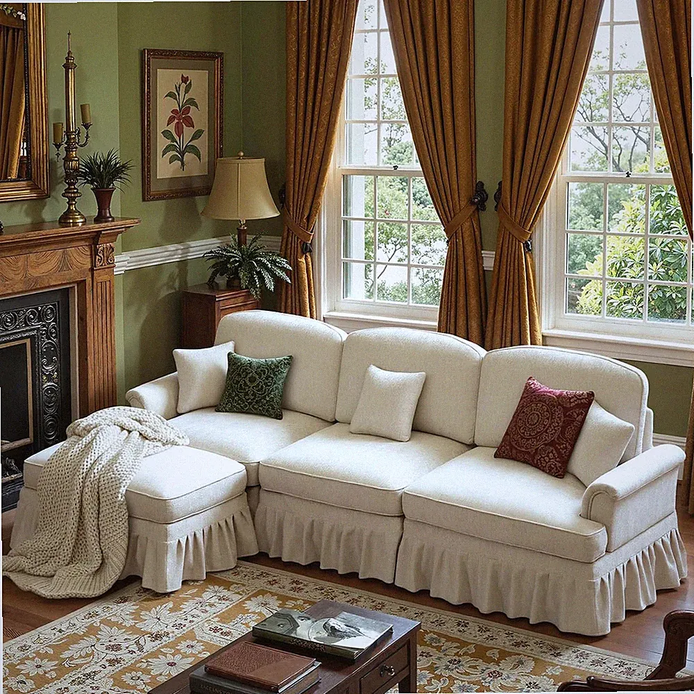 107" L Shaped Modular Sectional Sofa with Ruffled Skirt, Ottoman