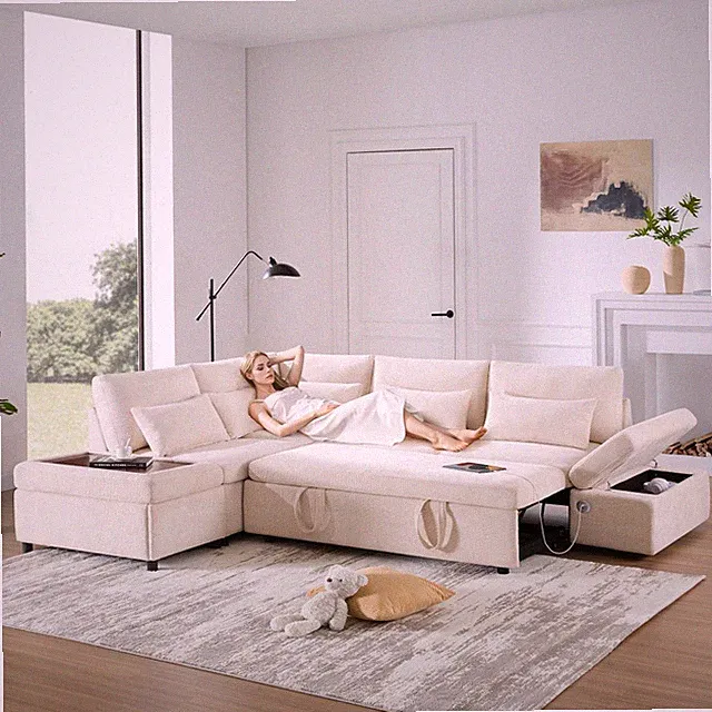 107" L-Shaped Sleeper Sofa w/ Storage Ottoman, USB&Type-C, Adjustable Armrest