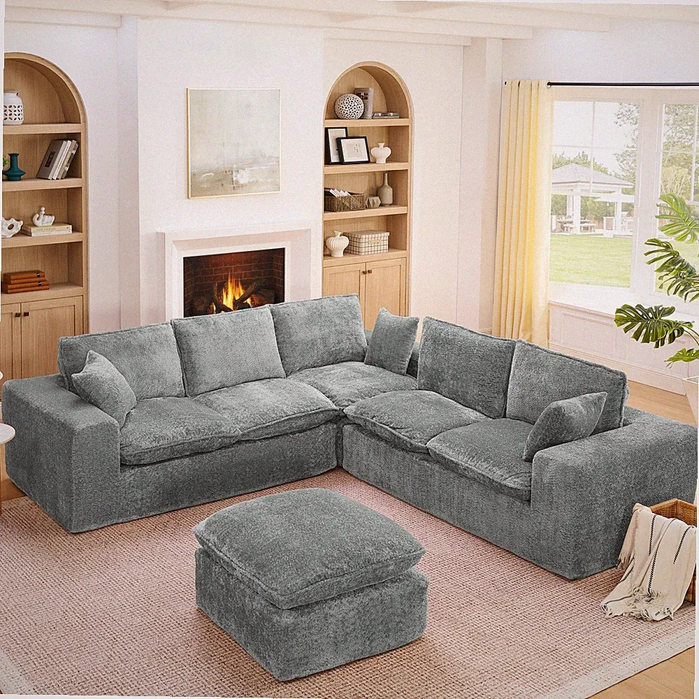 107'' Modern Boucle L-shaped Sectional Sofa w/Moveable Ottoman for Living Room,C