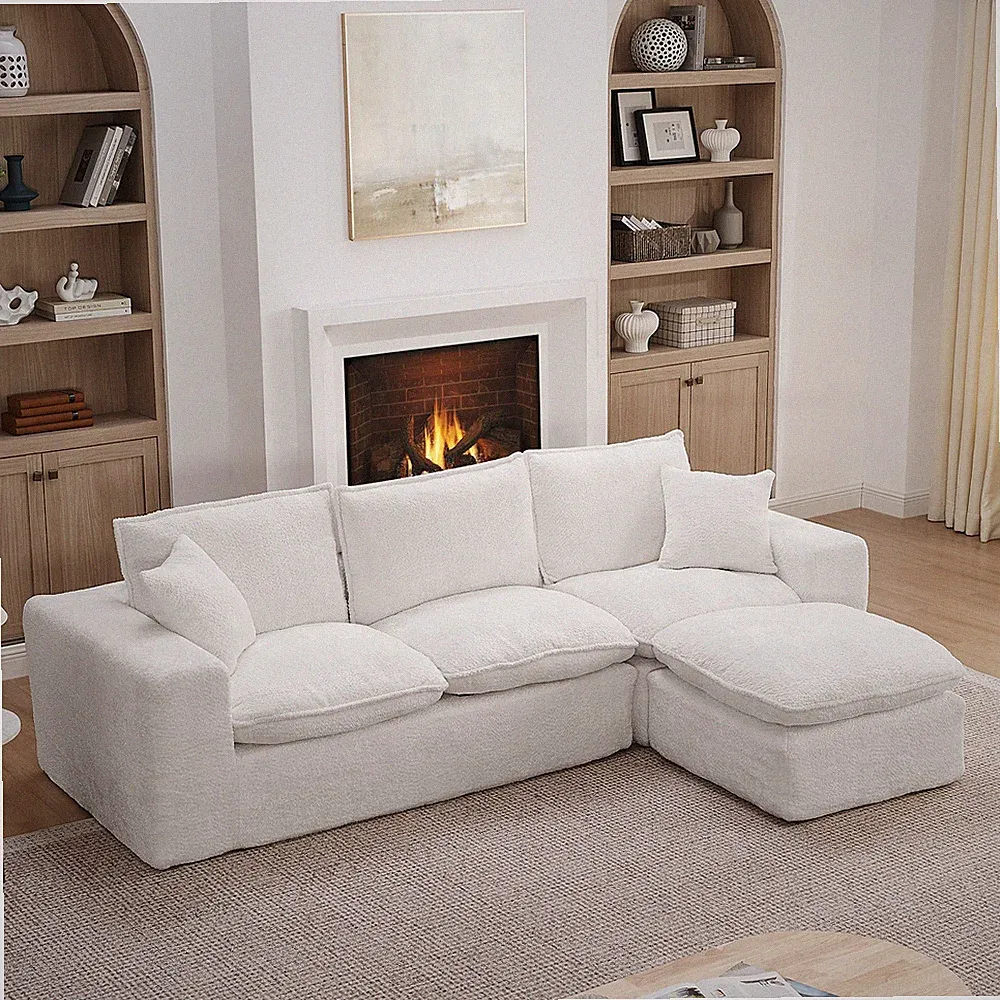 107'' Modern Boucle L-shaped Sectional Sofa with Moveable Ottoman for Living R