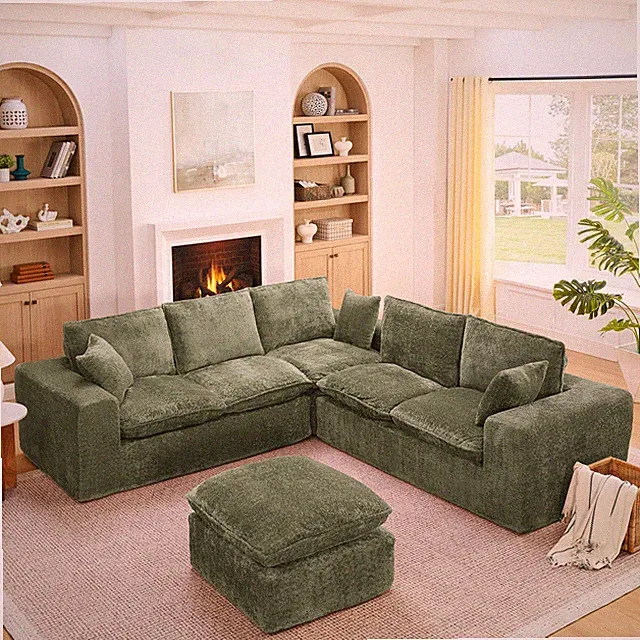 107'' Modern Boucle L-shaped Sectional Sofa with Moveable Ottoman for Living Ro