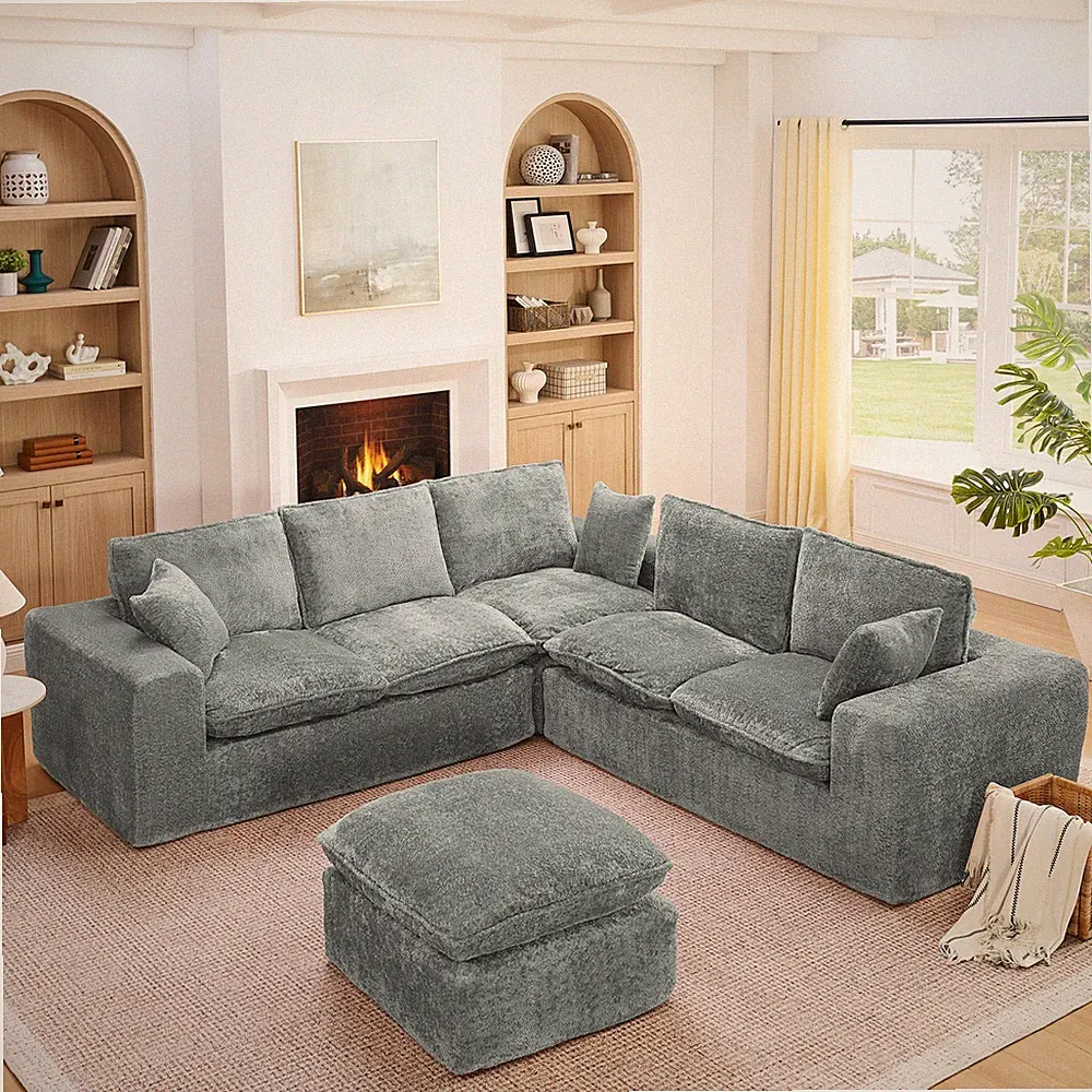 107'' Modern Boucle L-shaped Sectional Sofa with Moveable Ottoman for Living Roo