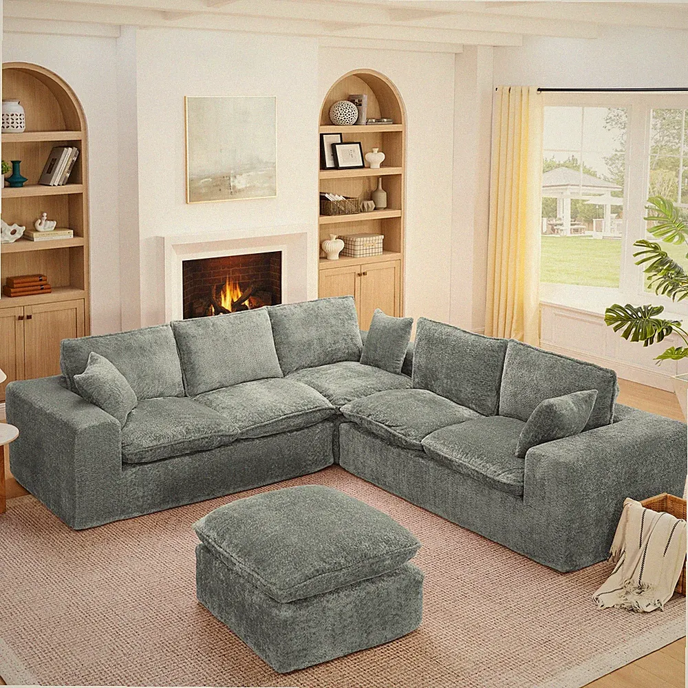 107" Modern Boucle L-Shaped Sectional Sofa with Ottoman, Cloud Couch