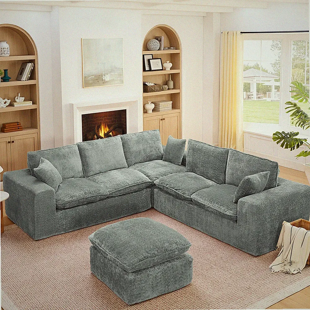 107" Modern Boucle L-Shaped Sectional Sofa with Ottoman, Grey