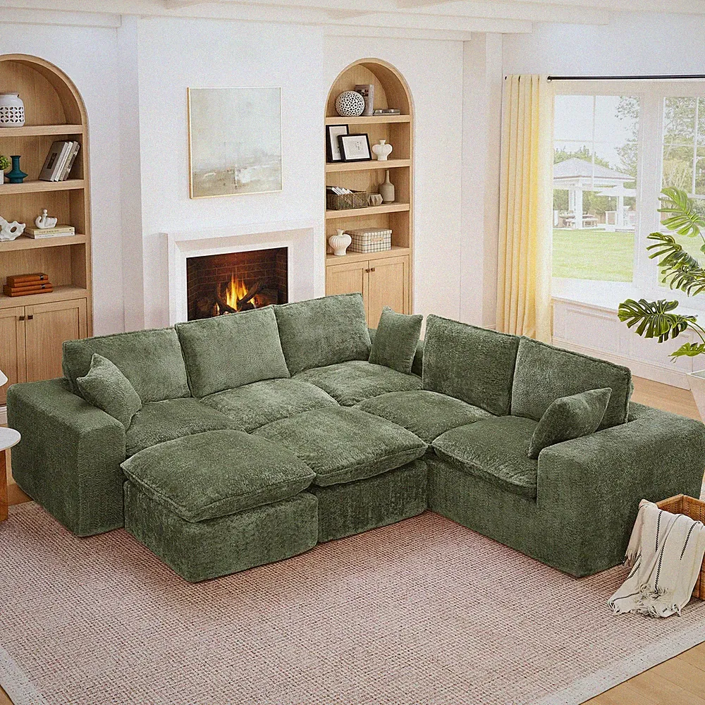 107'' Modern Boucle L-shaped Sectional Sofa with Two Moveable Ottomans for Livi