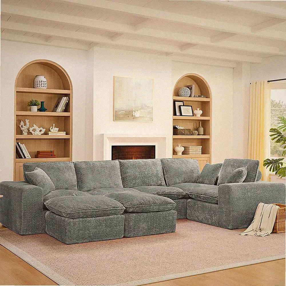 107'' Modern Boucle L-shaped Sectional Sofa with Two Moveable Ottomans for Livin