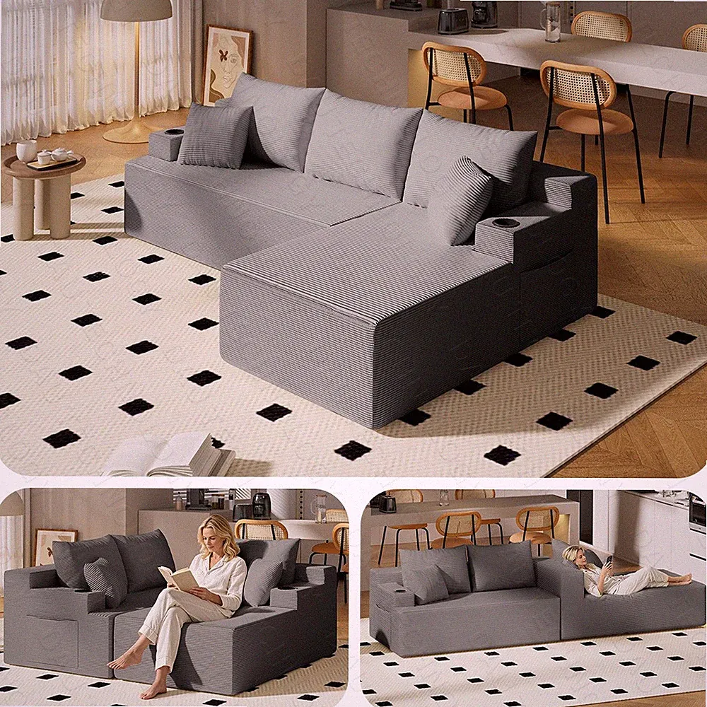 107" Modular Sectional Cloud Couch Oversized Boneless Couch Deep Seat Corduroy