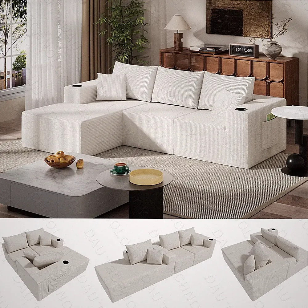 107" Modular Sectional Cloud Couch with 5 pillows, Oversized Boneless Couch Sofa