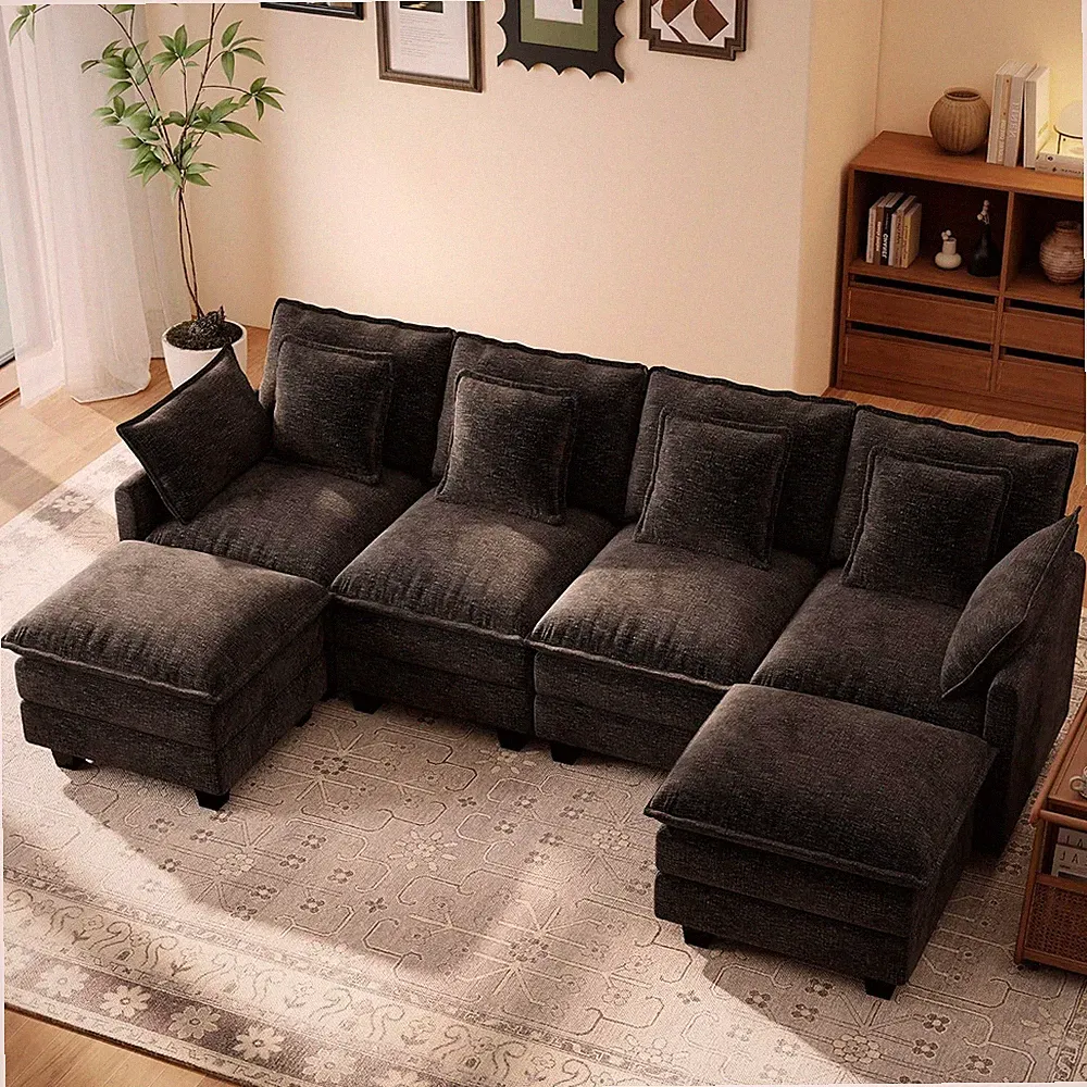 107" Modular Sectional Cloud Sofa, U Shaped 6 Seat Chenille Couch with Movable O