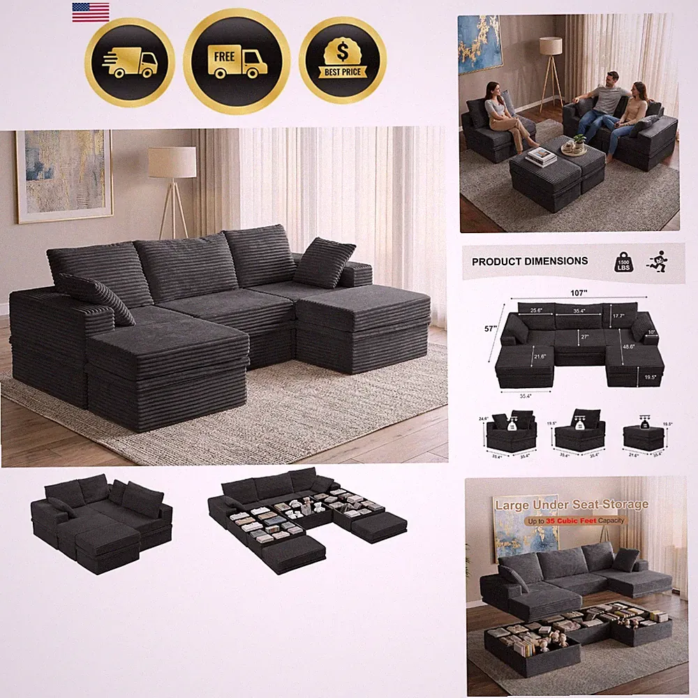 107" Modular Sectional Sofa with Storage, 5-Seater High Density Foam Boneless...