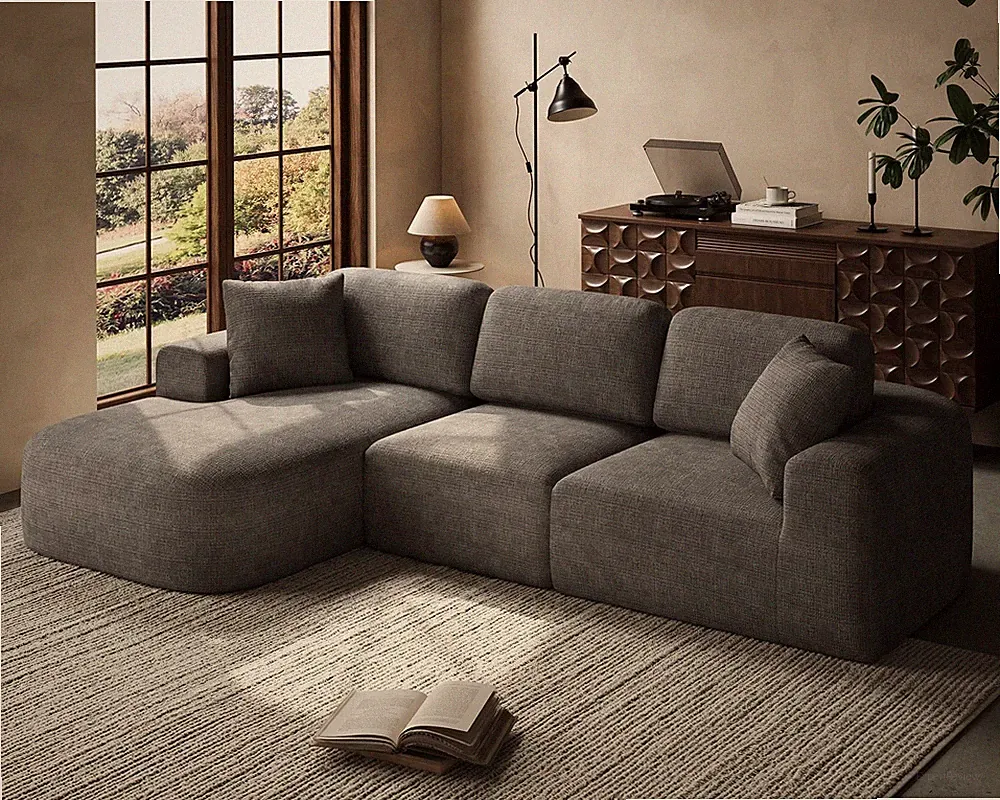 107" Modular Sofa Chaise No Assembly Bouclé Upholstery L-Shaped Charcoal Grey