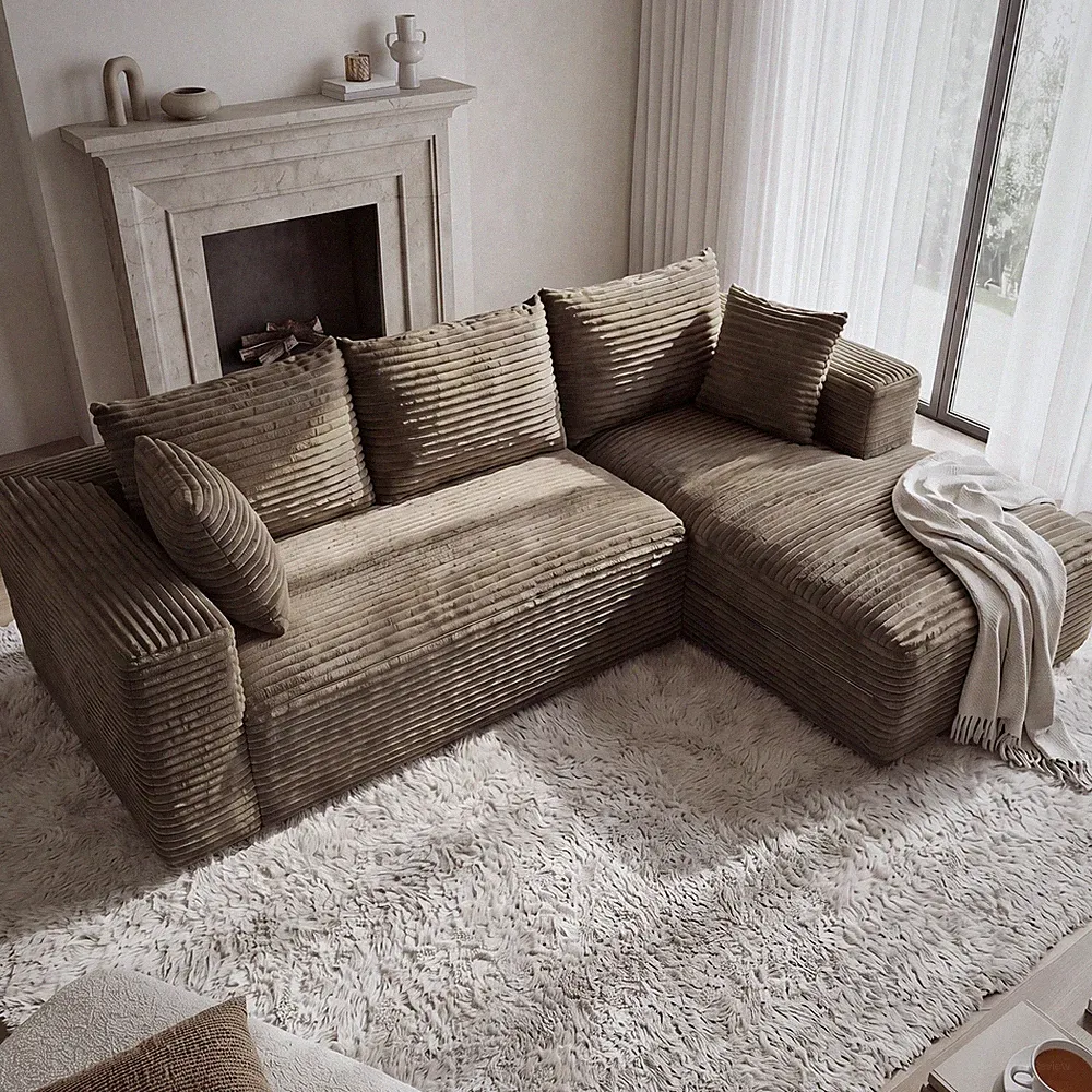 107" Plush Corduroy L Shaped Sectional Sofa Couch Chaise Living Room No Slip