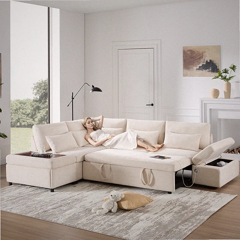 107'' Sectional Sleeper Sofa Bed with Pull Out Couch, L-shaped with Adjustable A