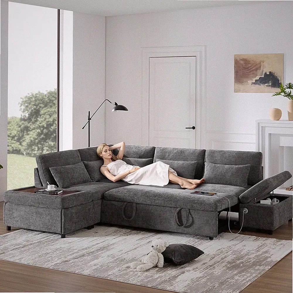 107'' Sectional Sleeper Sofa Bed with Pull Out Couch, L-shaped with Adjustable A