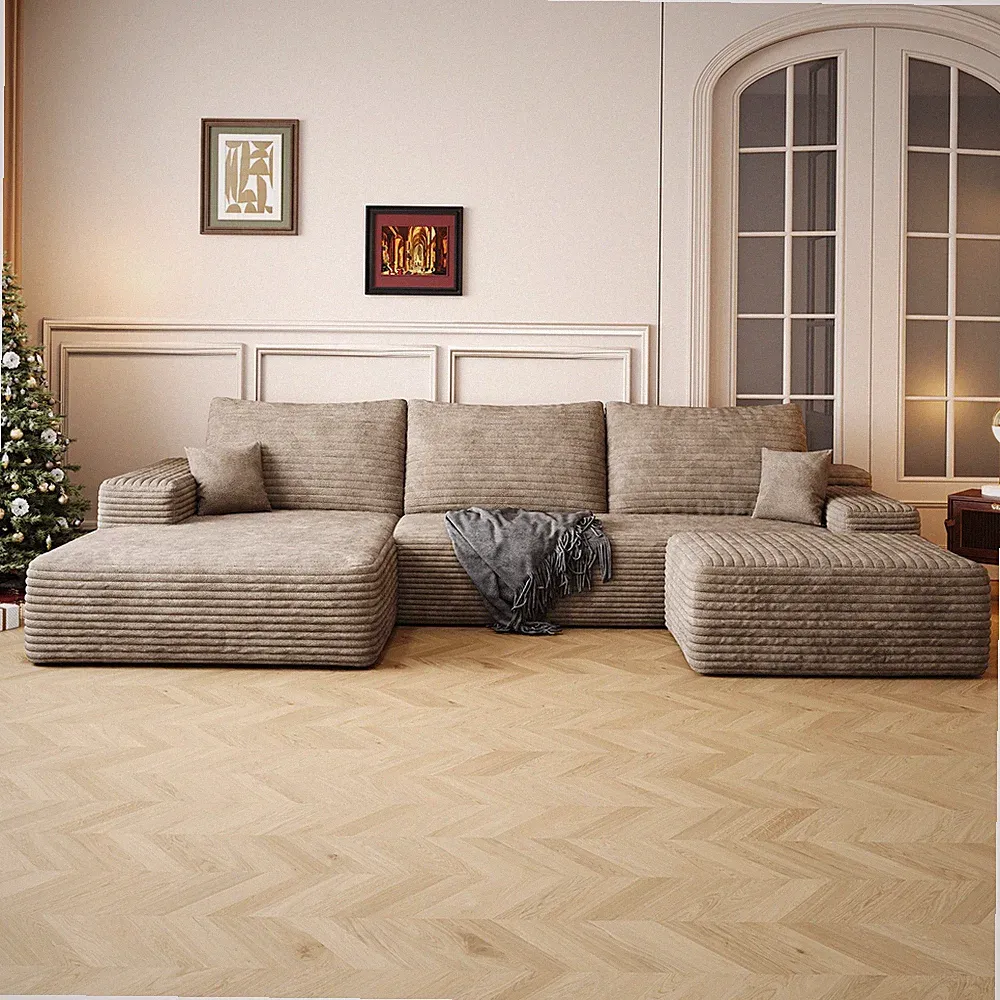 107" U-Shaped Cloud Sectional Sofa with Ottoman, Camel Corduroy