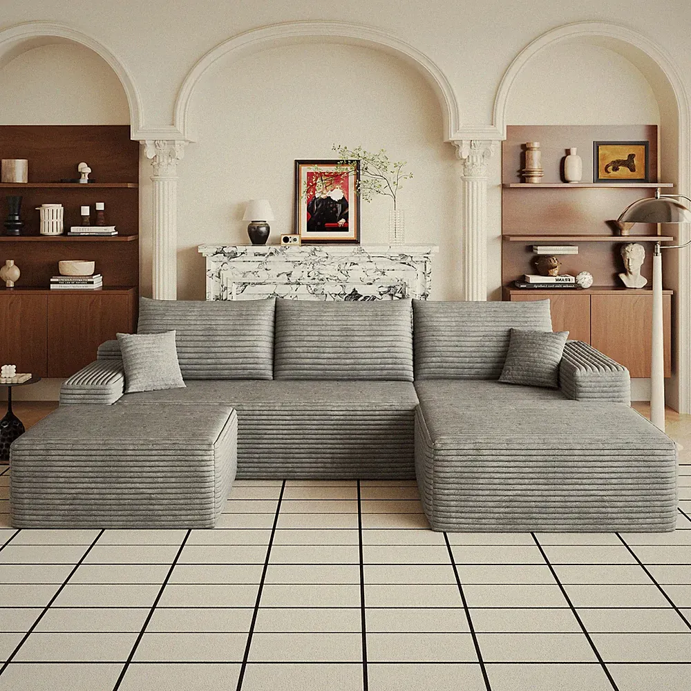107" U-Shaped Cloud Sectional Sofa with Ottoman, Grey Plush Corduroy Fabric