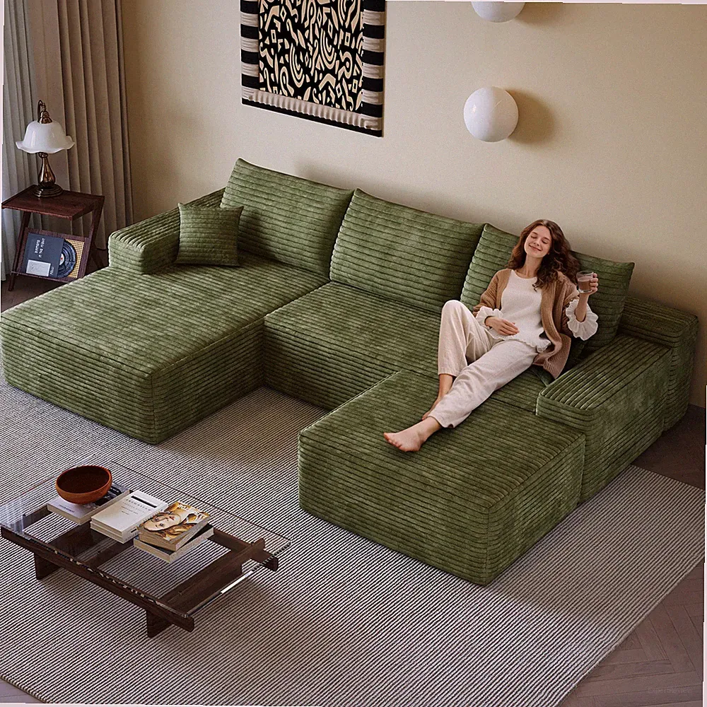 107" U-Shaped Cloud Sectional Sofa with Ottoman, Plush Corduroy, Green