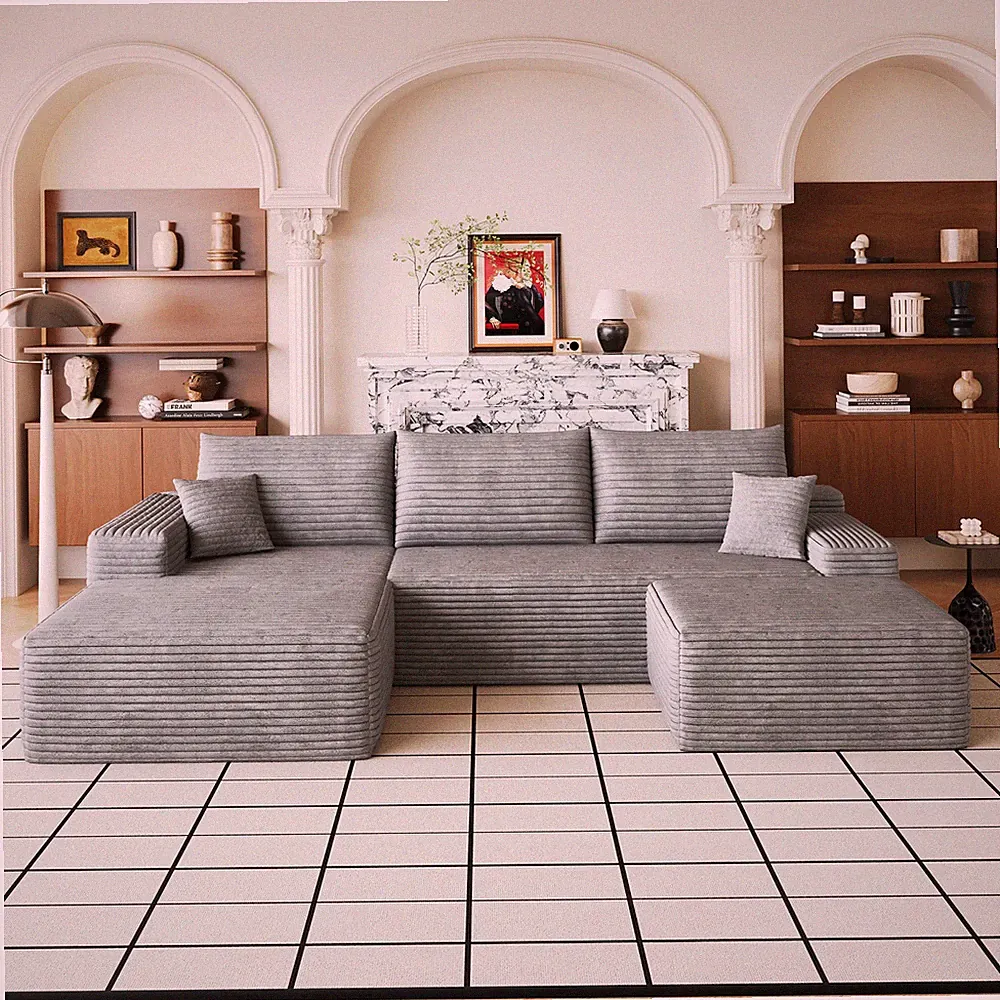 107" U-Shaped Cloud Sectional Sofa with Ottoman, Plush Corduroy, Grey