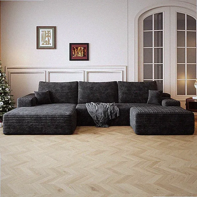 107" U Shaped Corduroy Cloud Couches Comfy Sectional Compression Boneless Sofas