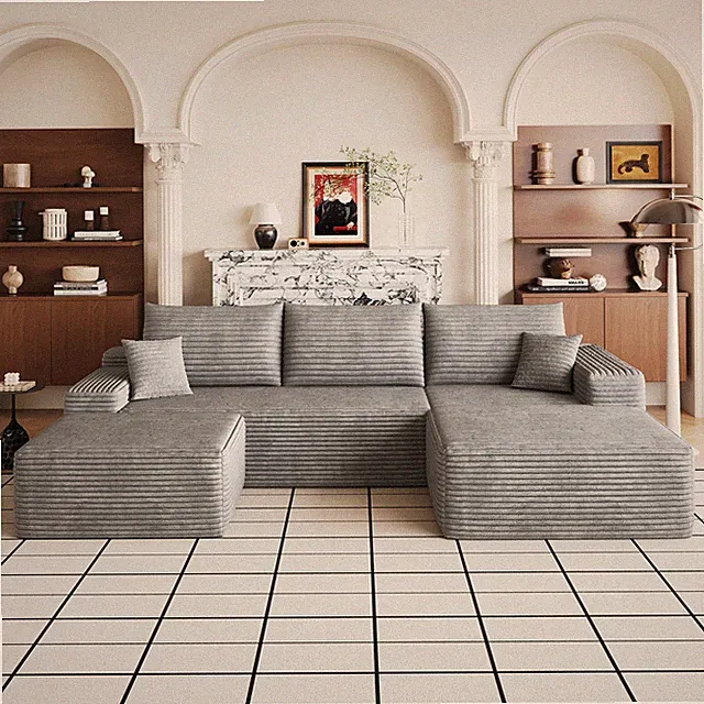 107" U-Shaped Sectional Sofa with Ottoman, Plush Corduroy, Grey