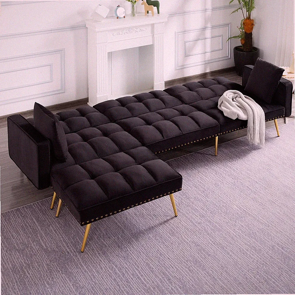 107" Velvet Sectional Sleeper Sofa Bed Convertible Full Size Split Back Modern