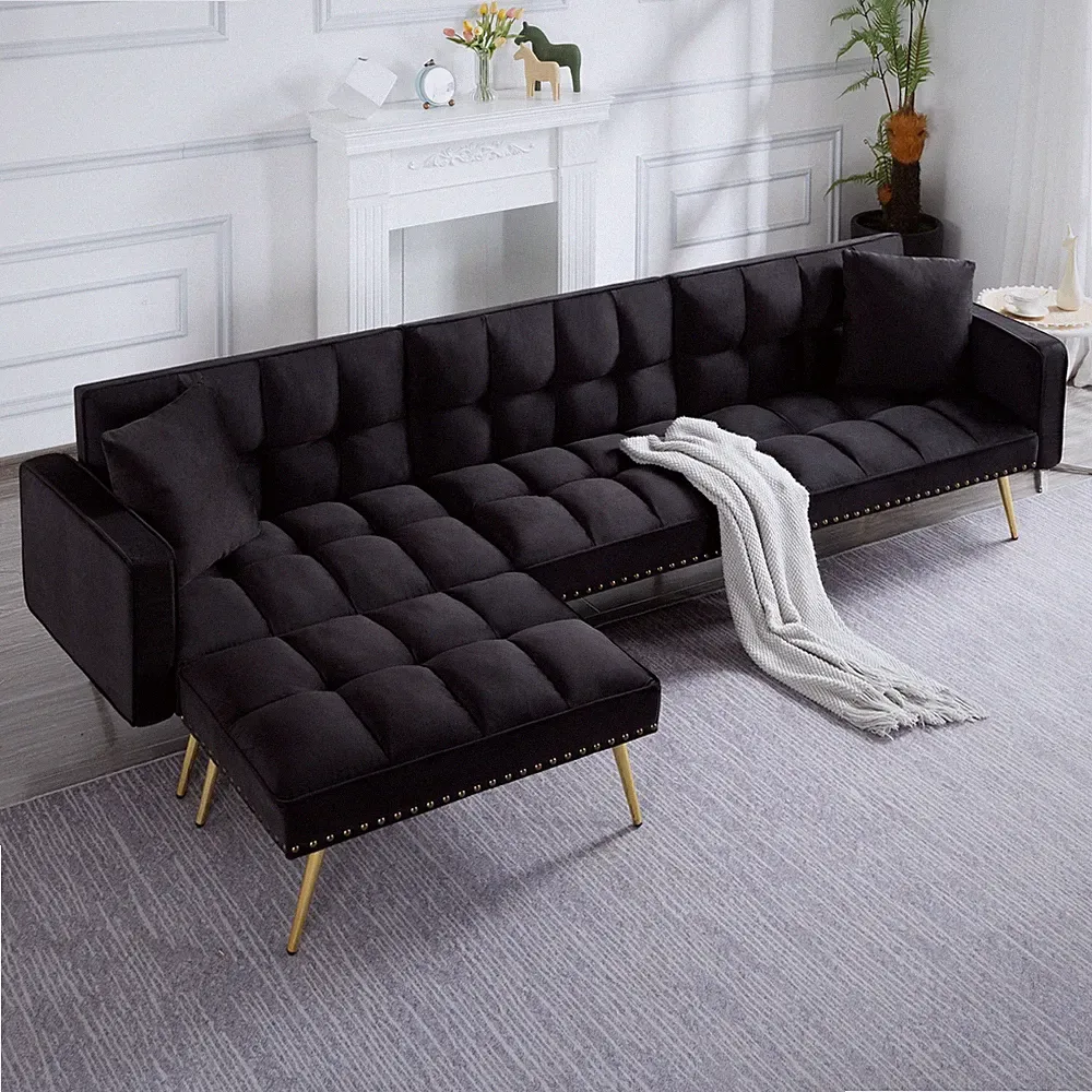 107" Velvet Sectional Sleeper Sofa Bed Convertible Full Size Split Back Modern