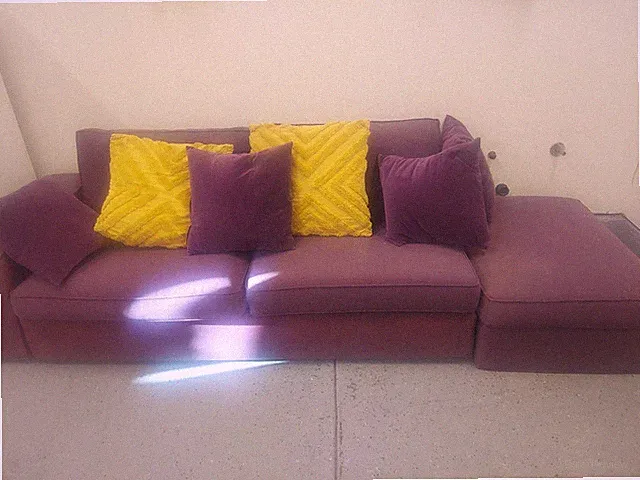 107x34x18 inch Purple Couch with Six Pillows (Four Purple, Two Yellow)