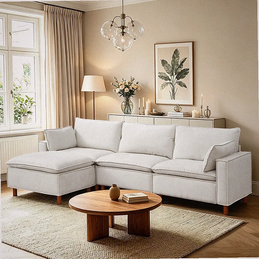 108.5" L-Shape Sectional Sofa with Ottoman, Chenille Fabric, Beige