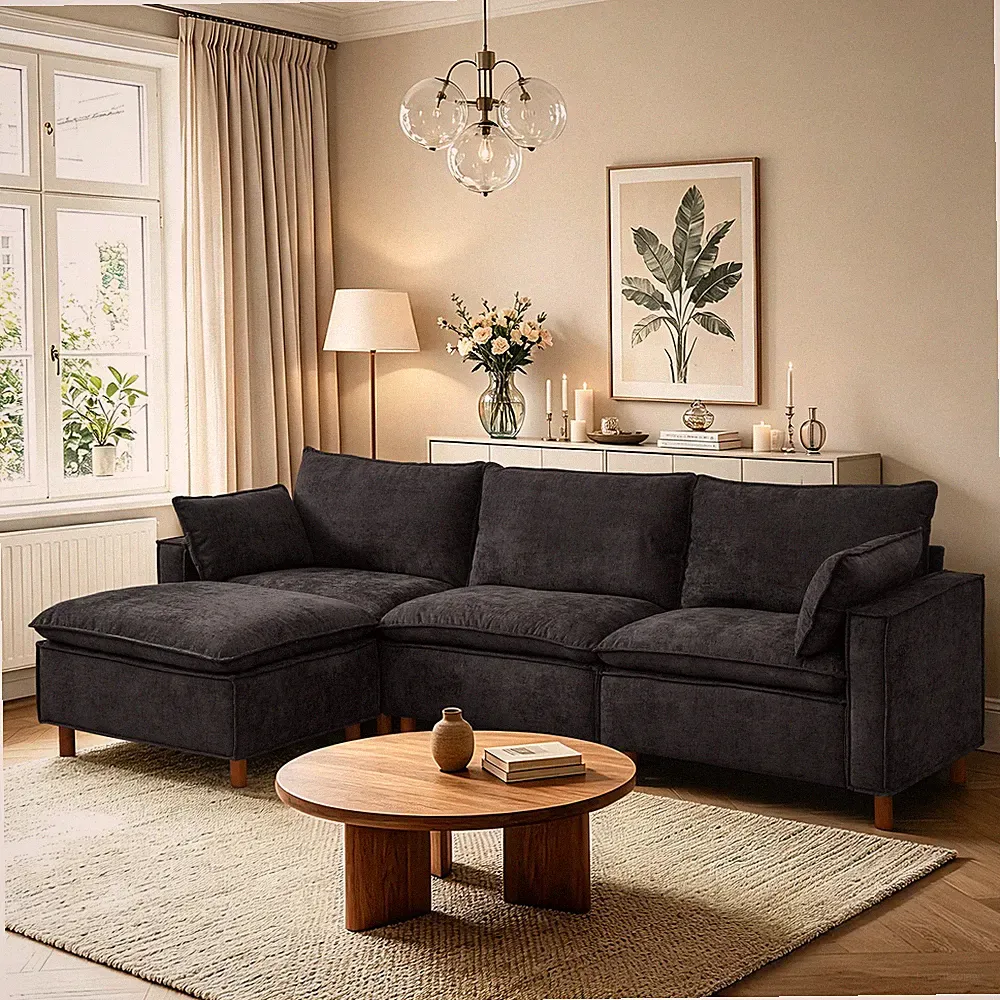 108.5" L-Shape Sectional Sofa with Ottoman, Chenille Fabric, Black