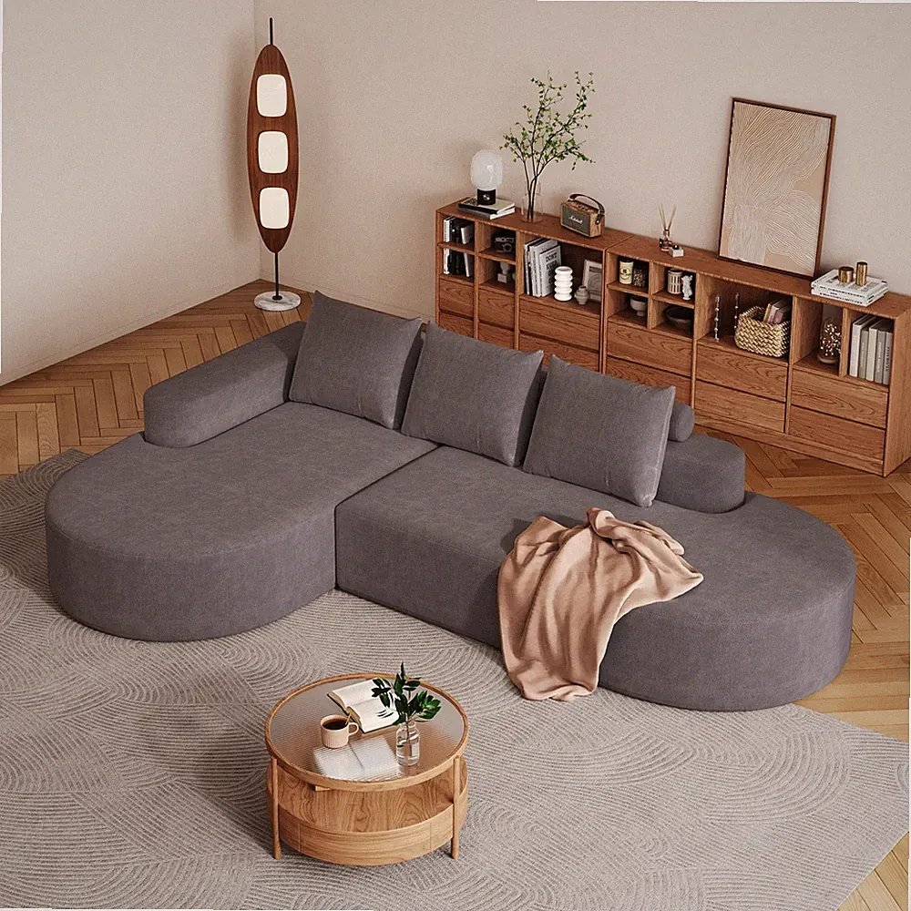 108.5" L-Shaped Sectional Sofa Set with 3 Pillows, Chenille, Grey