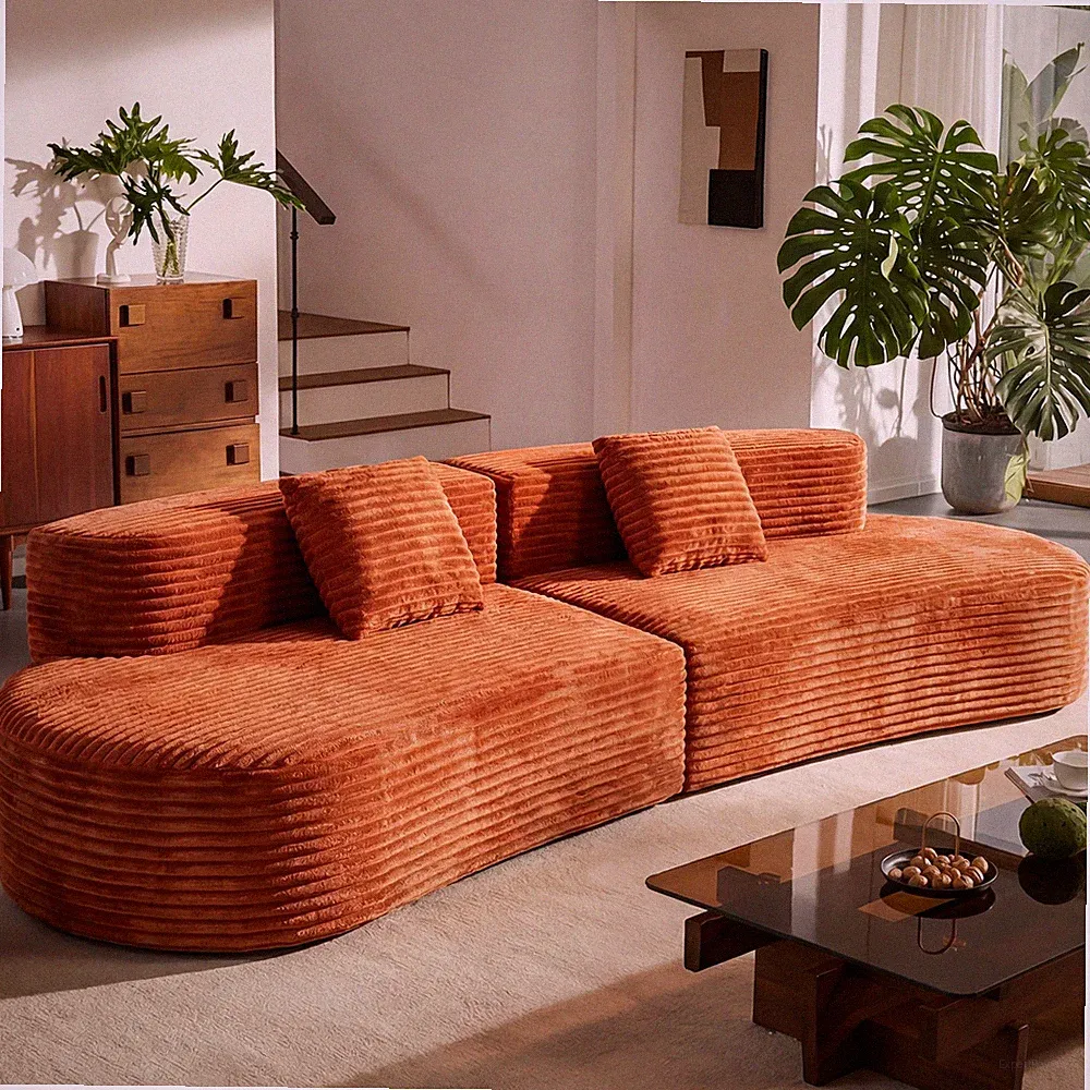 108.6" Curved Sectional Sofa, Cloud Pattern, Corduroy, Brick Red, 4-Seat