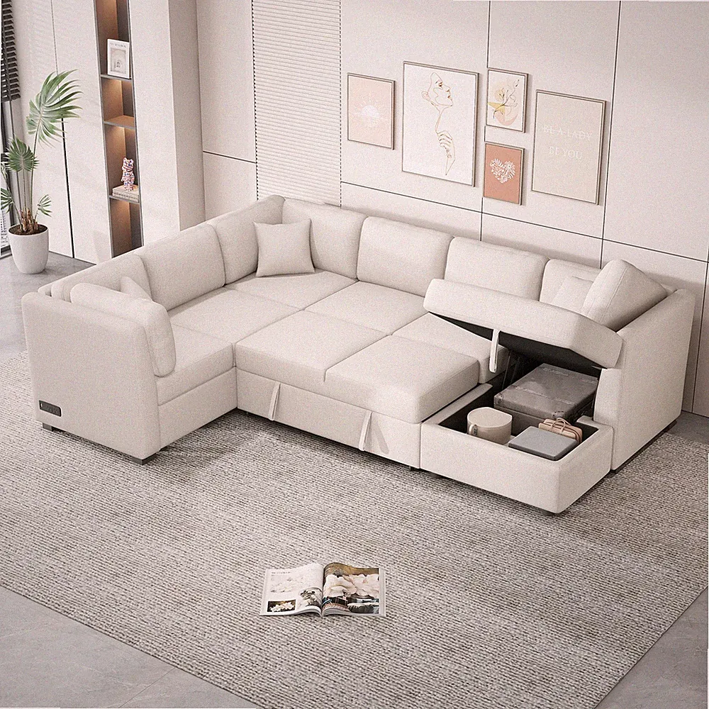 108.6" U-shaped Sectional Sofa Pull out Sofa Bed with Two USB Ports, Two Power S