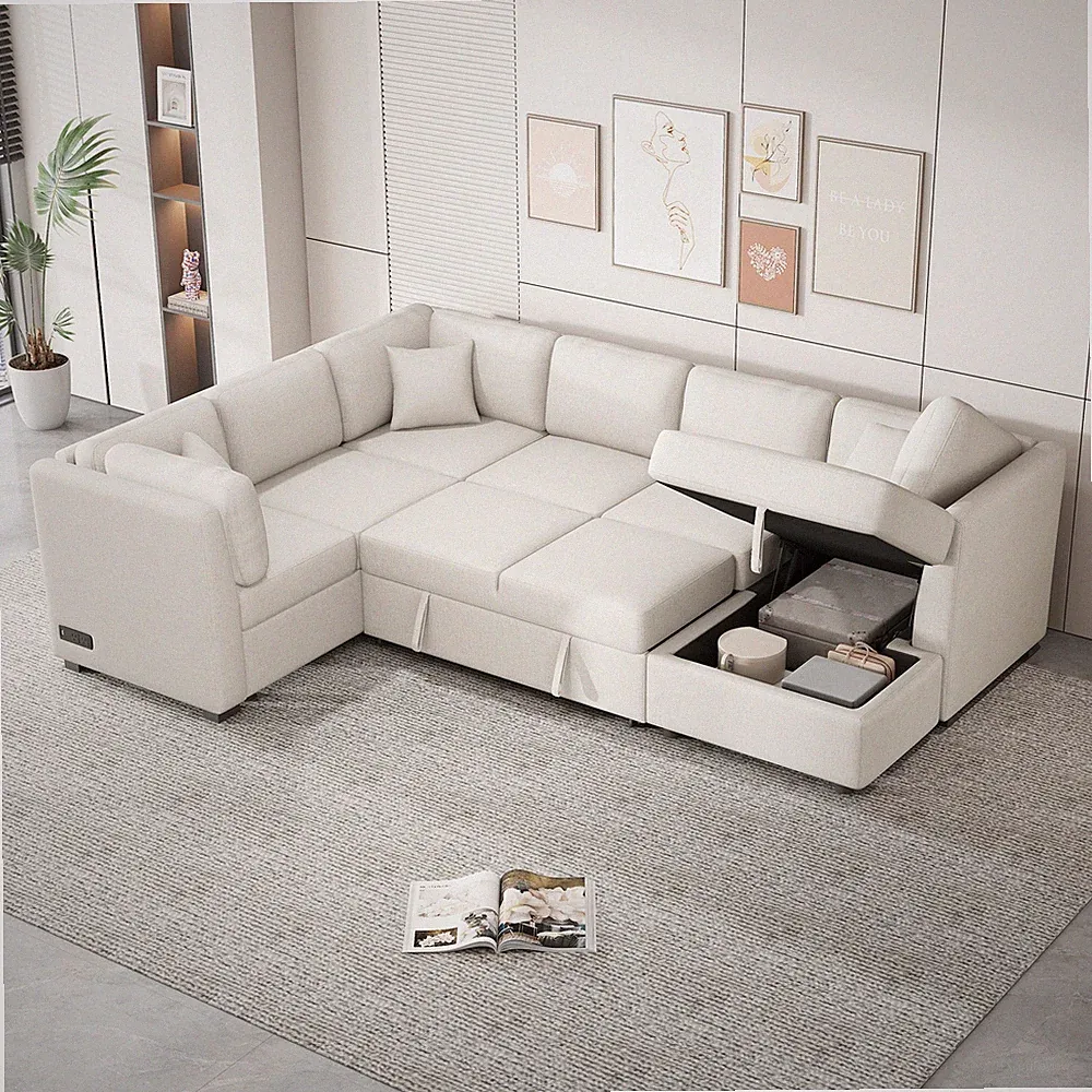 108.6" U-shaped Sectional Sofa Pull out Sofa Bed with Two USB Ports, Two Power S