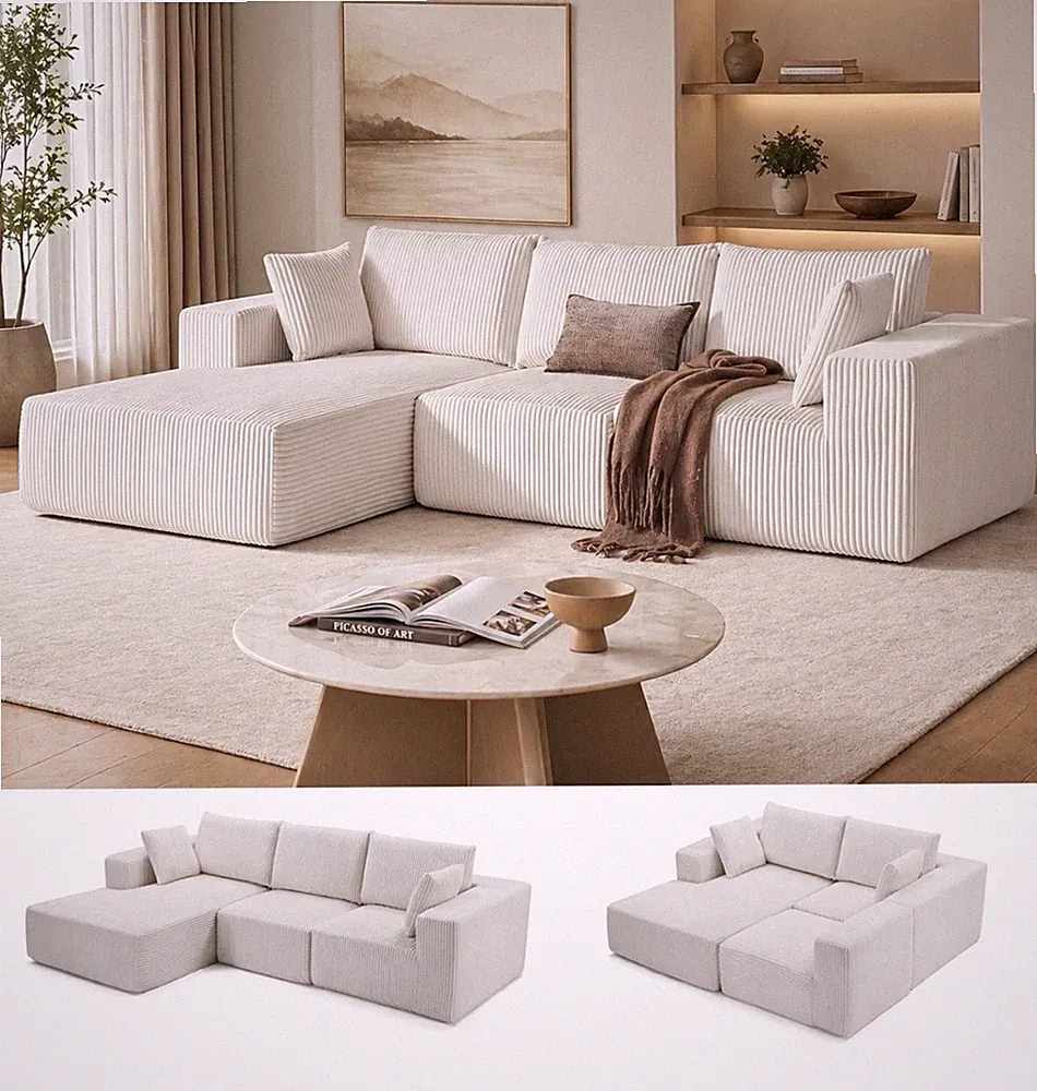 108” Beige Boneless Modular Sectional Sofa L-Shape Deep Seat Chaise Couch