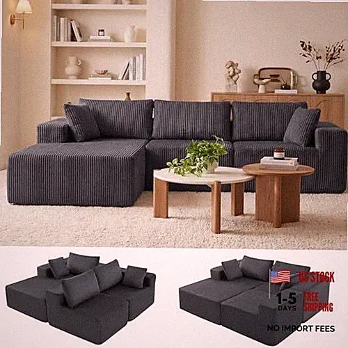 108" Boneless Couch, Cloud 108" L Shape with Left Facing Chaise Dark Grey