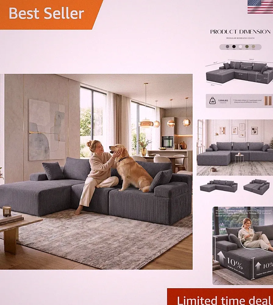 108" Boneless Couch L-Shaped Modular Sectional: Couches for Living Room - Clo...