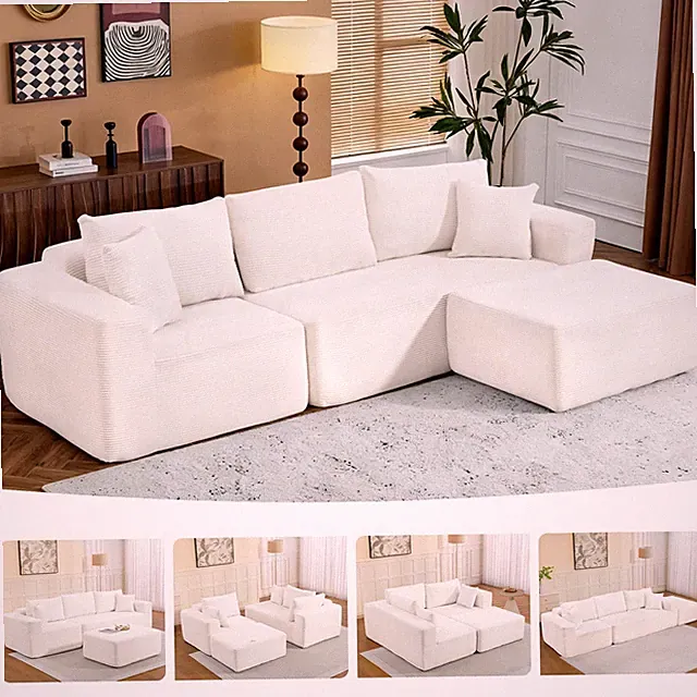 108" Cloud Couch Sectional, Boneless LShaped Sofa, Beige, Chaise Ottoman