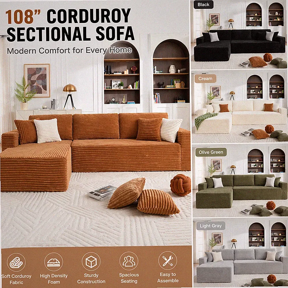 108" Cloud Sectional Couch with L-Shape Chaise,Modular Corduroy Sofa Living Room