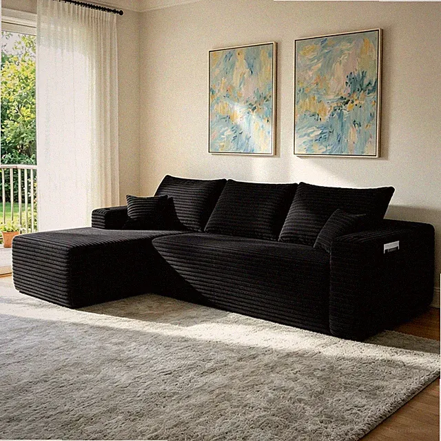 108" Cloud Sectional Sofa L-Shape Chaise Plush Fabric Black Left