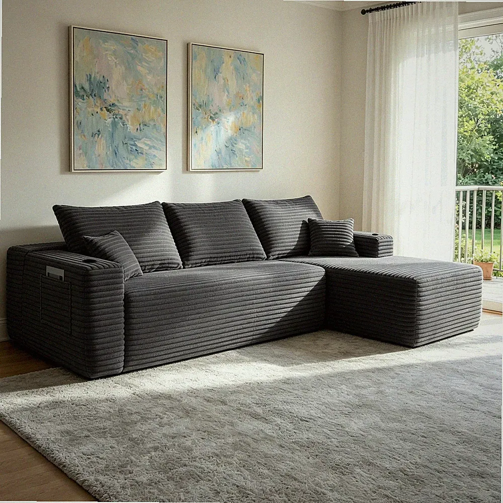 108" Cloud Sectional Sofa L-Shape Chaise Side Pockets Plush Fabric Grey