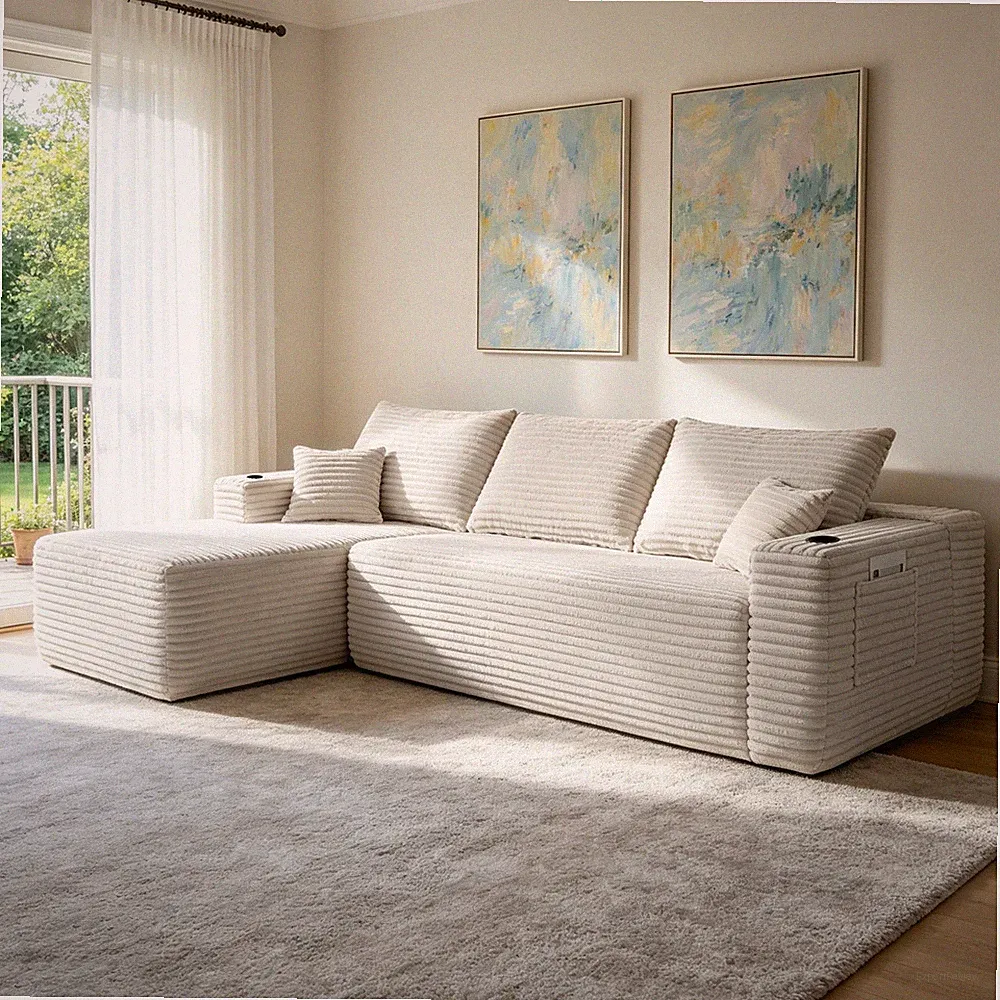 108" Cloud Sectional Sofa with L-Shape Chaise, Plush Fabric, White