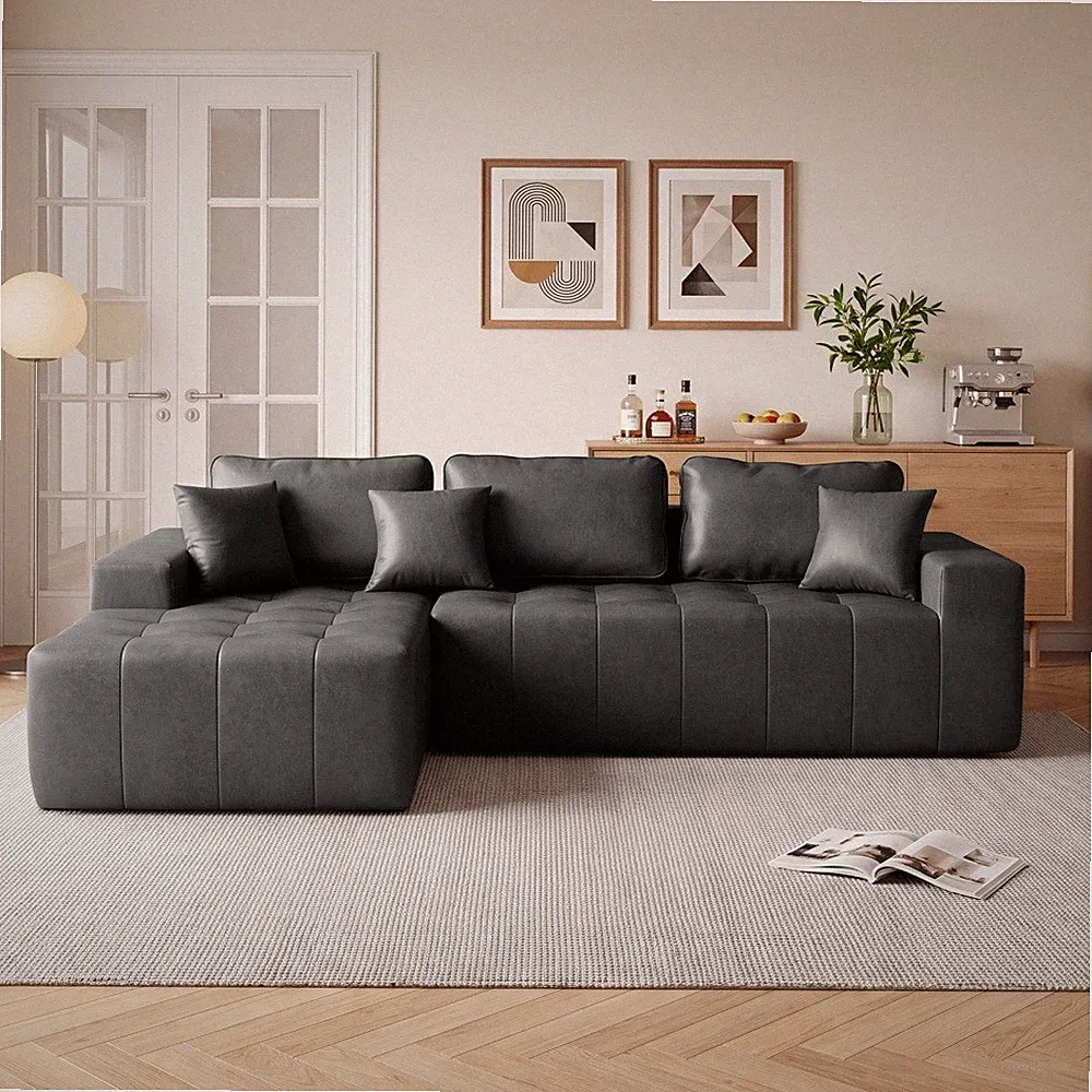 108" Faux Leather L-Shape Chaise Sofa Bed Compressed No Assembly