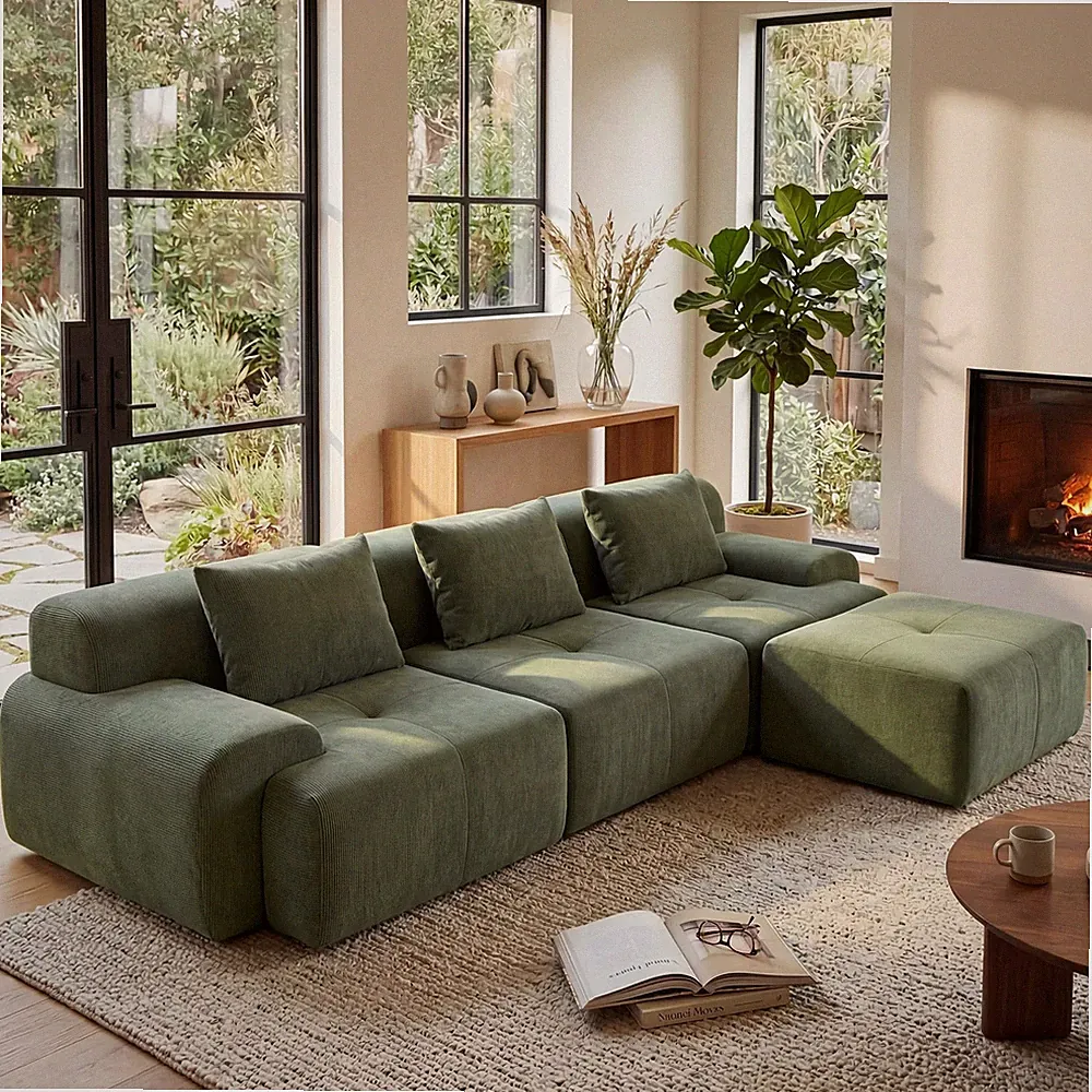 108'' Green Modular Sectional Sofa Couch Boneless Tufted Corduroy No Assembly