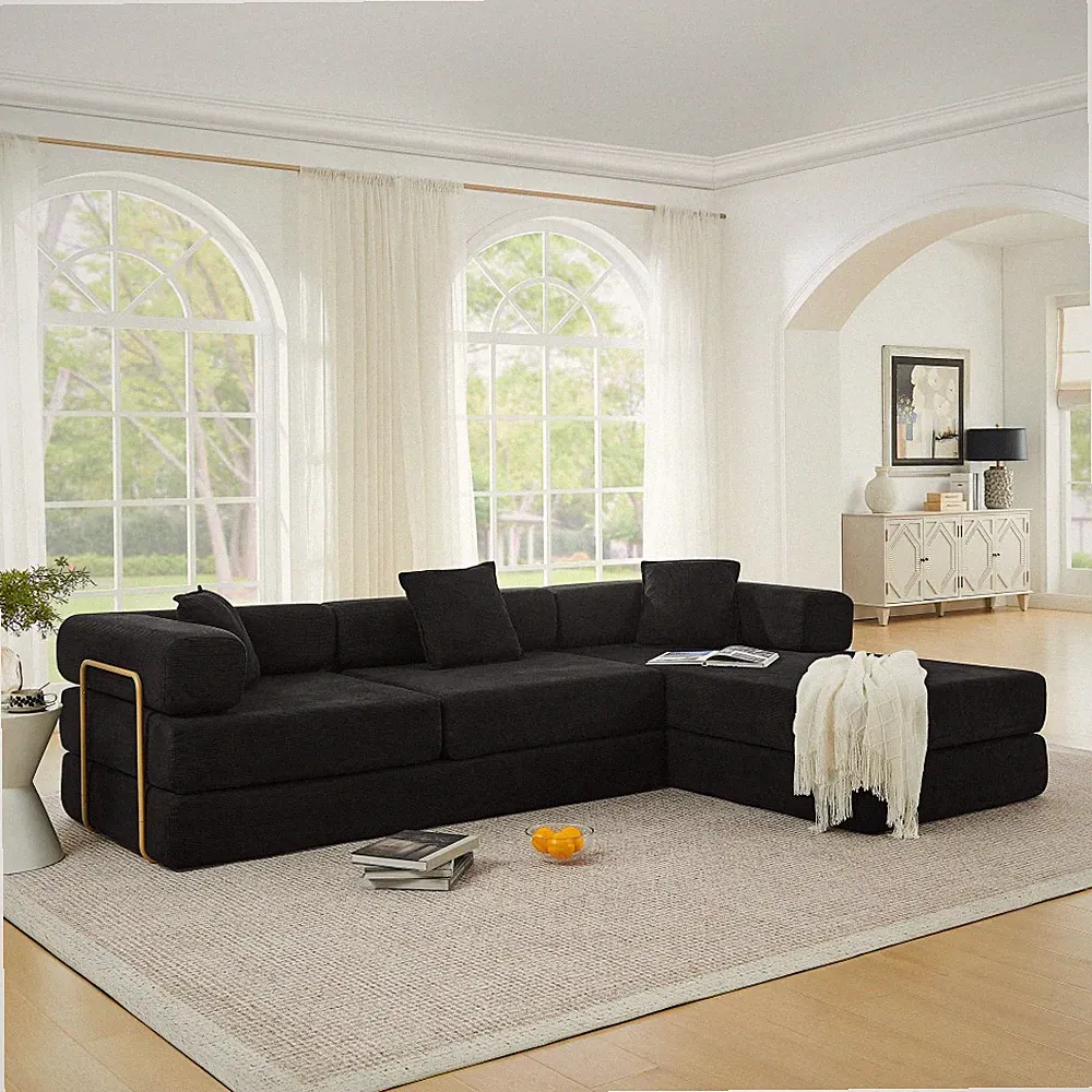 108" Modular Cloud Couch Sectional L-Shape Chaise Corduroy Deep Seat No Assembly
