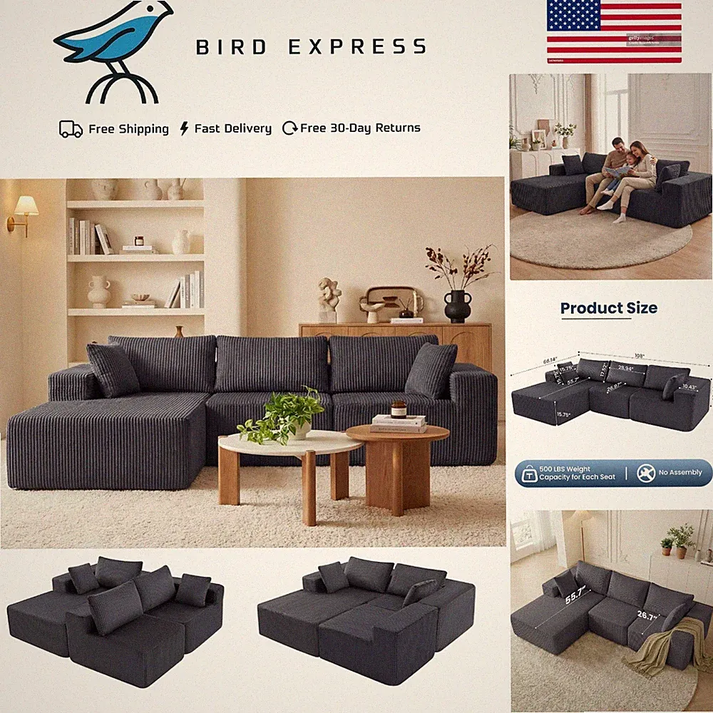108 Inch L Shape Sectional Couch with Chaise No Assembly Grey Corduroy